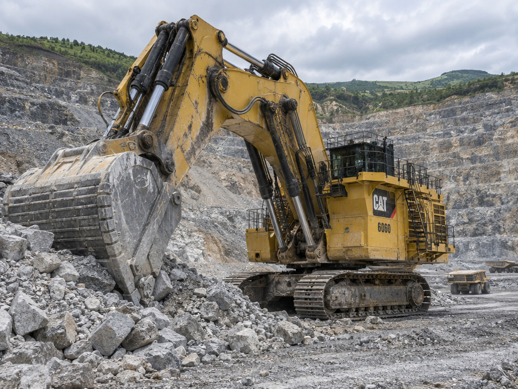  Caterpillar 6060 hydraulic mining shovel operating inside a deep hard-rock limestone quarry.