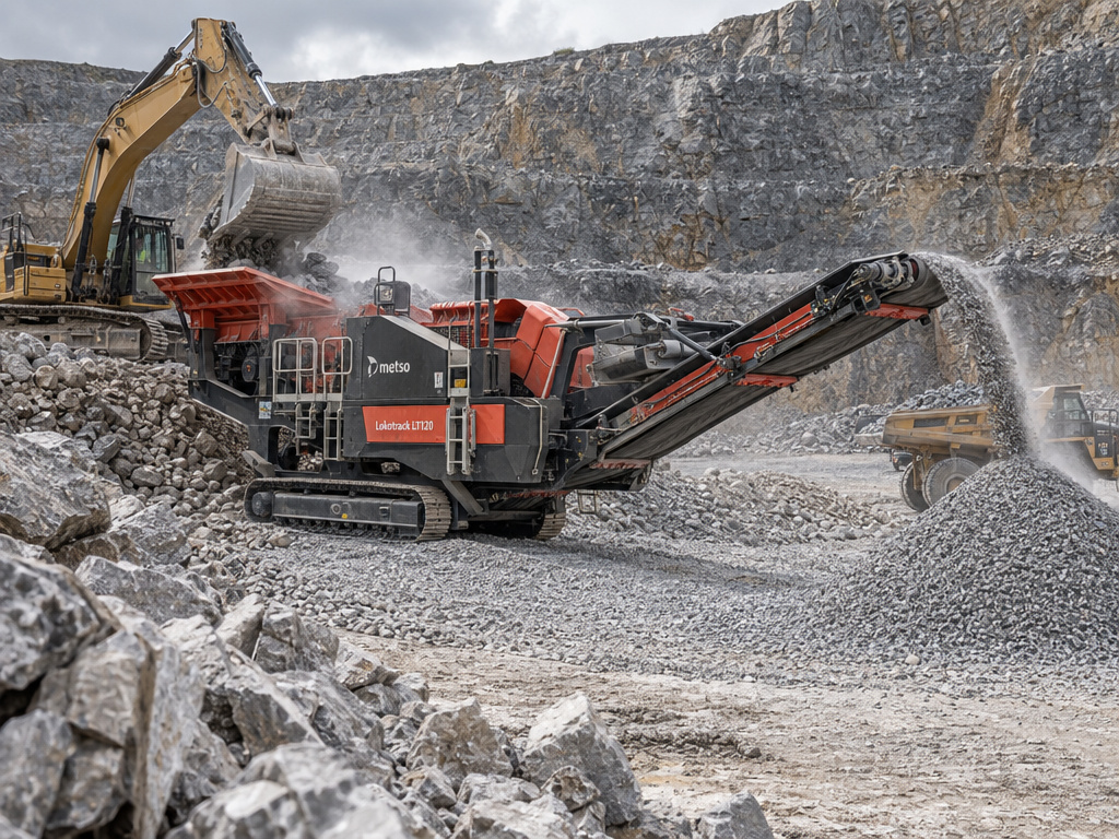Metso Lokotrack LT120 mobile jaw crusher producing aggregate in a bustling British limestone quarry