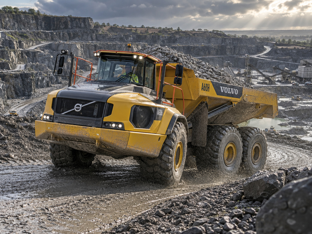 Volvo A60H articulated hauler truck transporting graded aggregate